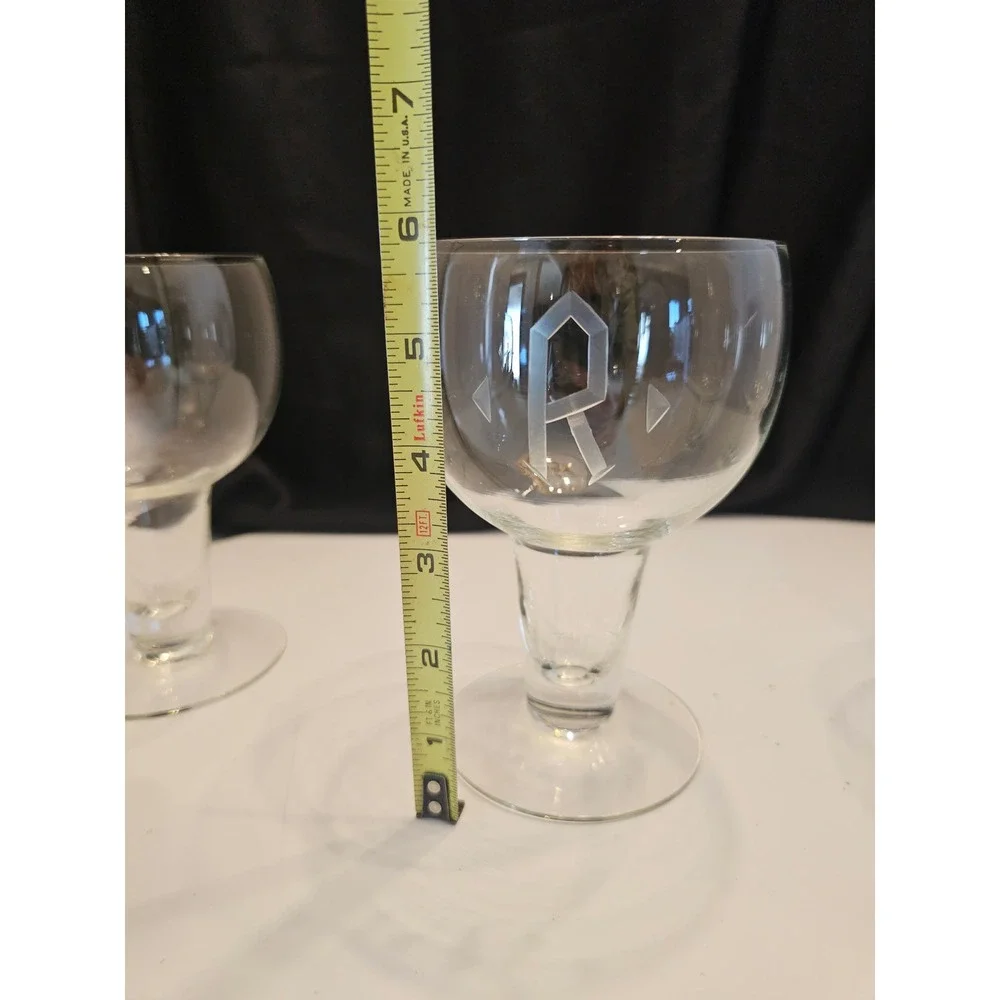 Set of 5 Vintage Monogrammed R Etched Glass Cocktail Beer Stemmed‎ Glasses